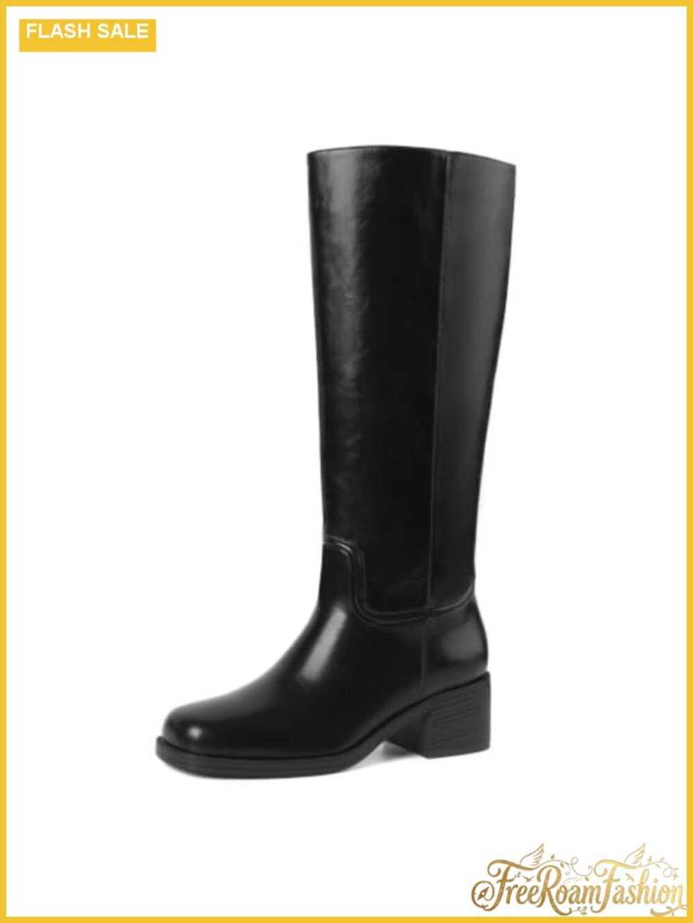 Women's Faux Leather Knee High Boots Chunky Block Heel Square Toe Pull On Tall